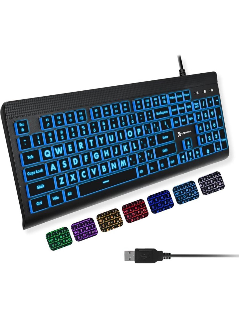 Large Print Backlit Keyboard - Easy Read Big Letters, USB Wired, 7-Color LED